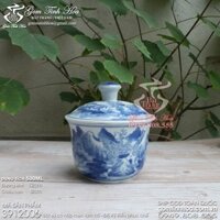 Thố sứ có nắp men lam cổ vẽ sơn thủy Đồ Ký Kiểu phục chế