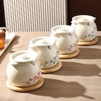 Thố sứ đựng mỡ heo, gia vị cao cấp họa tiết vẽ thủ công hoa đào hồng xanh cổ điển