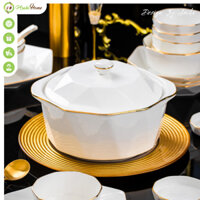 Thố sứ tráng men cao cấp dùng được cho lò nướng ASAHI HOME, bát lớn có nắp đựng cơm canh hoàng gia