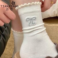 [Thoải mái và không trượt] Tất nơ cho phụ nữ, tất cotton trắng cao đến bắp chân, tất dài ballet phong cách Nhật Bản thời trang mùa xuân và mùa thu, mùa hè