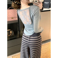 Thời gian có hạn Spike Màu trơn Skinny Slimmer Look Áo thun dài tay Top Áo thun dài tay phù hợp cho mọi trận đấu Áo thun dài tay Top Real Shot Gợi cảm Lưng rỗng Ren khâu cổ chữ U Áo thun dài tay nữ Pure Desire Slimer Look Hot Girl Be