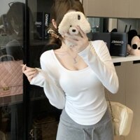 Thời gian có hạn Spike Màu trơn Skinny Slimmer Look Áo thun dài tay Top Áo thun dài tay phù hợp cho mọi trận đấu Áo thun dài tay Top Real Shot Gợi cảm Lưng rỗng Ren khâu cổ chữ U Áo thun dài tay nữ Pure Desire Slimer Look Hot Girl Be
