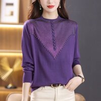 Thời Trang Áo Sơ Mi Tay Dài Cổ Cao Đính Hạt Kim Cương Giả Phong Cách Xuân Thu Cho Nữ