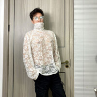 [Thời TRANG] Bán chạy Xuân Thu Phong Cách Mỏng Ren Rỗng Trong Suốt Gợi Cảm Cổ Cao Đáy Áo Sơ Mi Rời Size Lớn Hoa Hồng Áo Thun Dài Tay Dài Áo Thun Nam