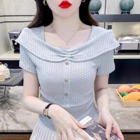 Thời Trang Cổ Vuông Một Vai Ngắn Tay Áo Thun Nữ Mùa Hè Phong Cách Mới Thiết Kế Giác Hẹp Eo Ôm Hơn Nhìn Nhỏ Áo Sơ Mi Ngắn Top