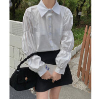 Thời Trang Dài Tay Áo Sơ Mi Trắng Nữ Tay Thường Ngày Pleat Top Slim Công Sở Áo Sơ Mi