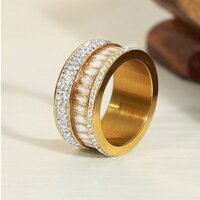 Thời Trang Đi Lại Kẻ Sọc Zircon Thép Không Gỉ Nữ Nhẫn Thép Titan Ánh Sáng Sang Trọng Mạ Vàng Nhẫn Tay Trang Sức