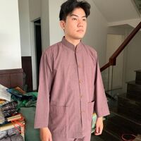 Thời trang đồ lam nam đi chùa cổ lãnh tụ , 2 túi - Cacao xô,Size 4,63-67kg