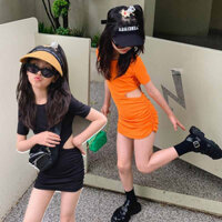 Thời Trang Hàn Quốc Bé Gái Tay Ngắn Đầm Đen Cam 2 Màu Đầm Cho Bé Gái Đầm Công Chúa