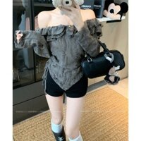 Thời trang Hàn Quốc rách vai áo thun dài tay không đều dây rút quần áo nữ