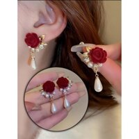 Thời Trang Hoa Hồng Đỏ Bông Tai Nhung Retro Bông Tai Hoa Bông Tai Ngọc Trai Mặt Dây Chuyền Cưới Cô Dâu Bông Tai