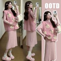 Thời Trang Hoạt Hình Áo Cardigan Váy Bà Bầu Phù Hợp Với Hello Kitty Áo Len Dệt Kim Váy Dài Bộ Đồ Hai Mảnh