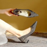 Thời Trang Mới Thường Ngày Nông Miệng Kim Cương Giả Bề Mặt Mũi Nhọn Dày Gót Tất Cả Trận Đấu 5CM Giày Cao Gót Nữ Size 34-41