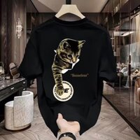 Thời trang mùa hè con mèo in họa mẫu cổ tròn Áo thun nam boy phố vải cotton cao cấp unisex oversize