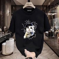 Thời trang mùa hè con mèo in họa mẫu cổ tròn Áo thun nam boy phố vải cotton cao cấp unisex oversize