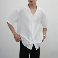 Thời Trang Mùa Hè Đơn Giản Thường Ngày Rời Cổ Cuba Áo Sơ Mi Tay Ngắn Cho Nam Màu Trơn Sọc Polo Đen / Trắng