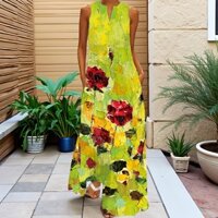 Thời Trang Mùa Hè Tính Khí Mới Phong Cách Châu Âu Retro In Hình Cổ Chữ V Nhiều Màu Dài Gợi Cảm Đầm Không Tay