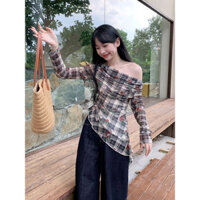 Thời trang mùa thu gợi cảm Thiết kế hàng đầu hoa hồng ca rô bất đối xứng Áo sơ mi dài tay nữ