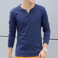 Thời Trang Nam Phiên Bản Hàn Quốc Cổ Chữ V Hai Nút Áo Thun Dài Tay Cotton Slim-Fit