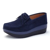 Thời Trang Nữ Da Lộn Nêm Giày Tua Rua Slip On Platforms Giày Xanh Dương