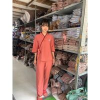 thời trang nữ đi chùa, áo lam, đồ bộ , thêu hoa cúc chất vải tơ cao cấp - Cam đào,40-45kg