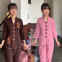Thời trang nữ đi chùa đồ đi chùa  áo lam cổ tàu nữ thêu sen - 46-50kg,Kem