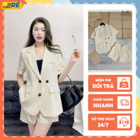 Thời trang nữ dự tiệc Váy hai dây kèm nơ Set vest áo blazer cộc tay kèm quần màu kem