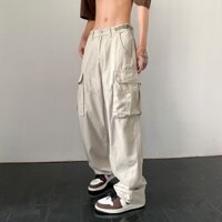 [Thời TRANG] Quần trắng nam mùa hè phong cách mỏng dáng rộng phù hợp thời trang Fried Street Ruffian Quần yếm đẹp trai Quần thường ngày Quần nam ống rộng Quần yếm nam