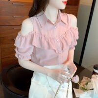 Thời Trang Tính Khí Ngoài Vai Áo Sơ Mi Voan Nữ Mùa Hè Phong Cách Mới Áo Sơ Mi Tay Ngắn Có Bông Tai Phong Cách Phương Tây Áo Và Áo Sơ Mi Nhỏ