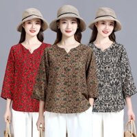 Thời trang tôn dáng] Áo thun cotton lanh tay ba phần tư in họa tiết cho phụ nữ, kích thước lớn, áo mẹ 4175, áo pullover rộng rãi được đánh giá cao