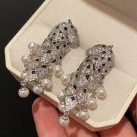 Thời Trang Trung Cổ Điểm Đen Da Báo Ngọc Trai Tua Rua Bông Tai Phóng Đại ins Bạc Kim Bông Tai Nữ Baroque Bông Tai