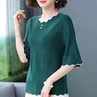 Thời Trang Trung Niên Top Ice Silk Mềm Mại Thoải Mái Nửa Tay Giảm Tuổi Bao Bụng Nước Ripple Nữ Tay Ngắn 1.13