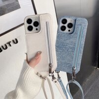 Thời Trang Vải Denim Nhiều Túi Đựng Thẻ Gương Ốp Lưng Điện Thoại Cho IPhone 14 15 16 Pro Max IP 11 12 13 Pro Max Chống Sốc Bảo Vệ Ví Có Dây Buộc xiên