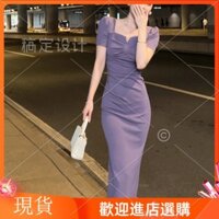 Thời trang xuân hè khí chất xếp ly thon gọn ôm sát ôm mông váy ống đứng váy liền thắt eo váy ngắn tay màu trơn Váy dài nữ