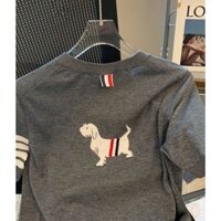 Thom Browne TB Áo len ngắn tay in hình chó màu xám mới dành cho nữ Mùa hè 2024 Thiết kế thích hợp Slim Đa năng hàng đầu