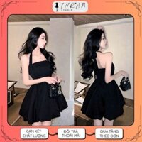 THRAN.STUDIO Váy trễ vai ngắn xếp ly xòe Đầm nữ sang chảnh cổ yếm hack dáng sexy màu đen Váy hè xinh để đi chơi đi tiệc