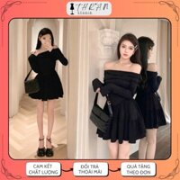 THRAN.STUDIO Váy trễ vai ngắn xếp ly xòe Đầm nữ sang chảnh hack dáng sexy màu trắng/đen Váy hè xinh để đi chơi đi tiệc