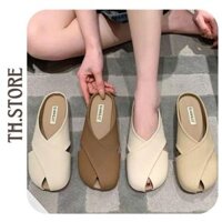 TH.STORE Giày sục nữ đế bệt bít mũi, Giày da mũi chéo màu trắng kem và nâu phong cách Hàn Quốc (701)