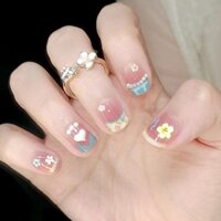 [THỦ CÔNG] Bộ móng tay giả màu xanh, móng tay giả ngắn, móng tay giả sáng bóng, nhãn dán móng tay, nghệ thuật móng tay, bao gồm keo gel miễn phí