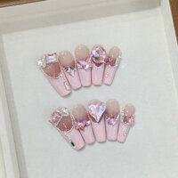 [THỦ CÔNG] Bộ móng tay giả màu hồng, móng tay giả ngắn, móng tay giả sáng bóng, nhãn dán móng tay, nghệ thuật móng tay, bao gồm keo gel miễn phí
