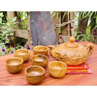 THỦ CÔNG MỸ NGHỆ TẠI XƯỞNG-BỘ ẤM CHÉN GỖ HƯƠNG ĐỤC NGUYÊN KHỐI-BÁT TRÀNG BẢO KHÁNH