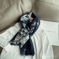 Thủ công rắc vàng Khăn choàng cotton-linen thiết kế cho phụ nữ, mùa thu và mùa đông, khăn choàng dài màu xanh đậm đa năng, sử dụng kép
