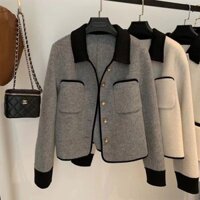 Thu Đông 2024 Phong Cách Mới Áo Len Xám Ngắn Nhỏ Hai Mặt Áo Khoác Cashmere Nữ Pháp Khóa Kim Loại