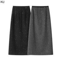 Thu Đông 2024 Phong Cách Mới Sáng Bóng Kim Sa Lấp Lánh Xương Lụa Sáng Cảm Giác Váy Thẳng Nữ Váy Mùa Đông Chất Liệu Len Eo Cao Mỏng Hơn Nhìn Chia Trượt Tuyết Dài