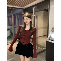 Thu Đông 2024 Phong Cách Mới Bán Chạy Đan Đỏ Áo Len Nữ Bên Trong Đáy Áo Sơ Mi Ngắn Top