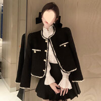 Thu Đông 2025 Pháp Retro Áo Khoác Đen Nữ Dày Tất Cả Trận Đấu Sang Trọng Người Nổi Tiếng Tweed Top