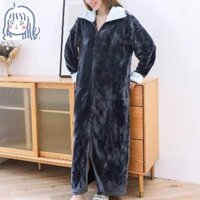 Thu Đông Flannel Dây Kéo Áo Cho Nữ Ấm Áp Đồ Ngủ Dài Bộ Đồ Ngủ Dày Siêu Lông Cừu Cổ Rùa Thường Ngày Homewear