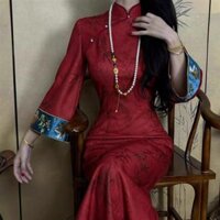 Thu Đông Mới Tự Chế Cao Cấp Nhẹ Nhàng Lá Tre Trắng Jacquard Sườn Xám Thêu Eo Nẹp Đầm Tre Đỏ Nữ