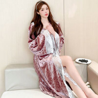 Thu Đông Mỏng Phong Cách Mới Phong Cách Nhung Vàng Váy Ngủ Áo choàng Tắm Dài Tay Có Mũ Ren Gợi Cảm Ren Dài Nhà Áo