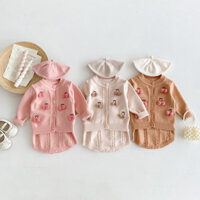 Thu Đông Phong Cách Mới Cho Bé Phù Hợp Với Áo Cardigan Dệt Kim Dài Tay Anh Đào + Dây Đeo Xoắn Jumpsuit Bé Gái Bộ Đồ Hai Mảnh